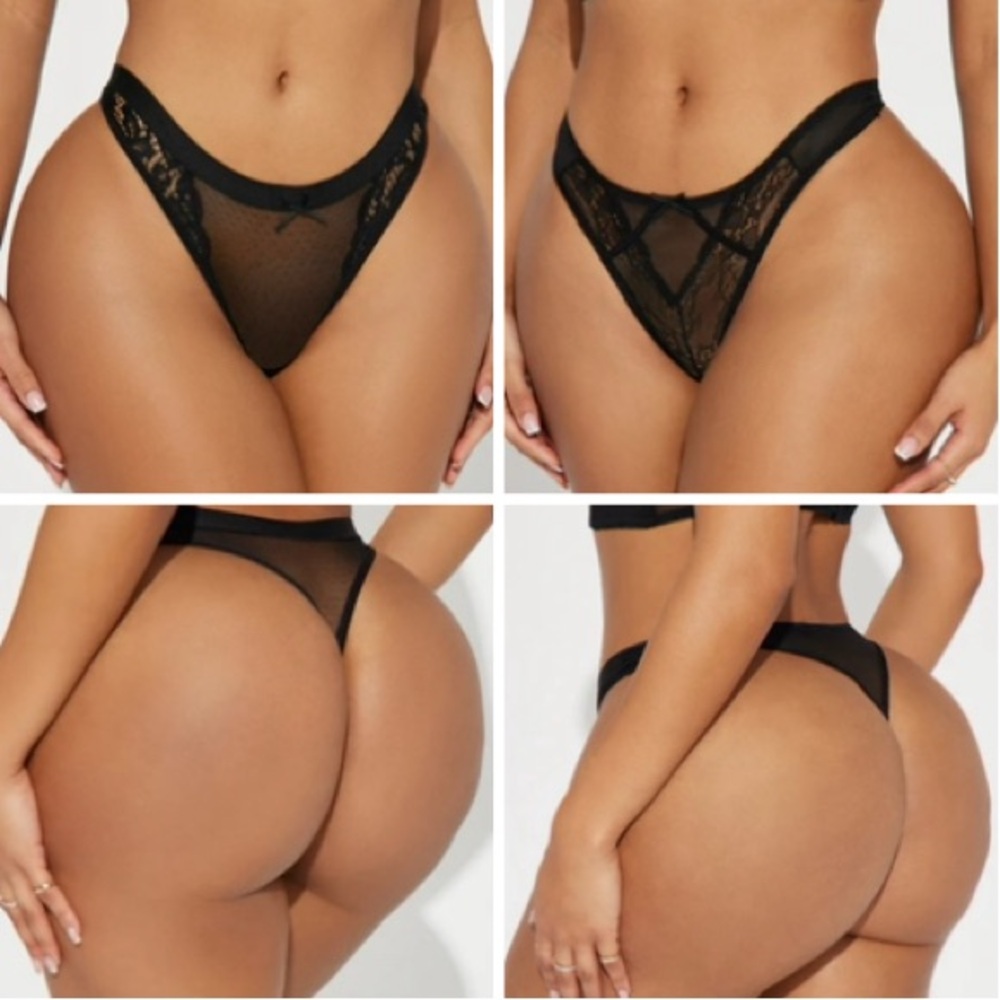 Set of 2 Lace & Mesh Thongs Black Size L NWT